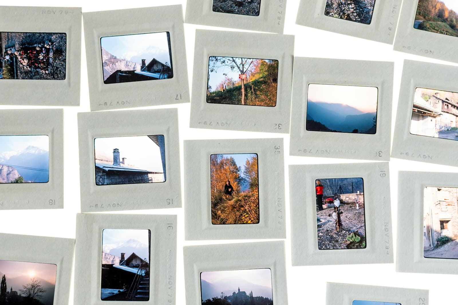 A grid of old photo slides laid out on a light background